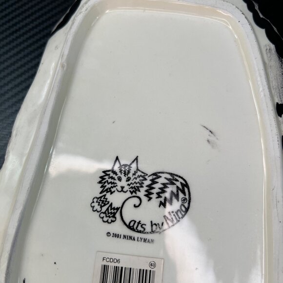 Cats By Nina Lyman Ceramic Cat-Shaped Plate Platter Black White Tabby Green Eyes - Picture 6 of 10